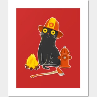 Intense Gaze Fireman Cat - Funny Black Cat Posters and Art